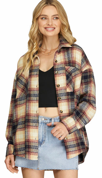 Down Home Plaid Shacket- Navy