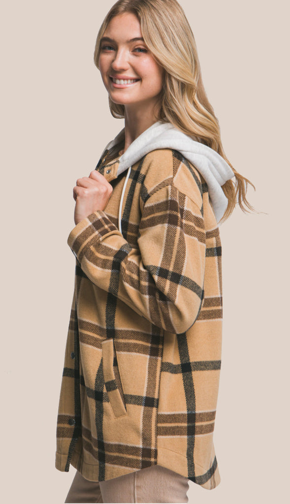 Plaid Hooded Jacket With Drawstrings- Camel