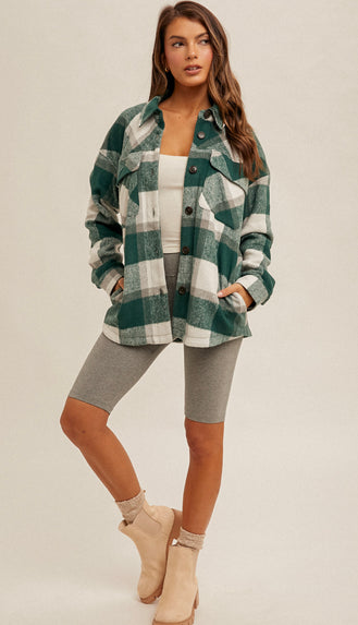 So Soft Brushed Plaid Button Shacket- Green