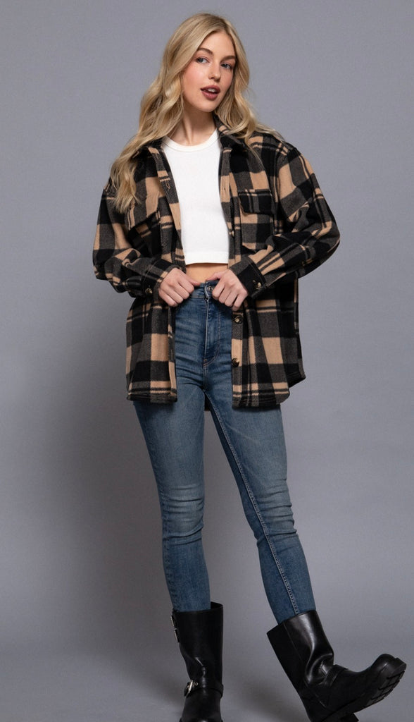 Alba Long Sleeve Plaid Fleece Shacket- Taupe