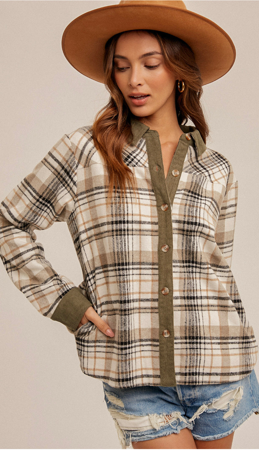 Camp Forest Soft Plaid Shacket- Taupe/Olive