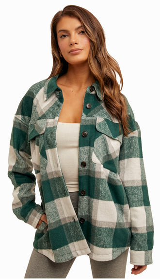 So Soft Brushed Plaid Button Shacket- Green