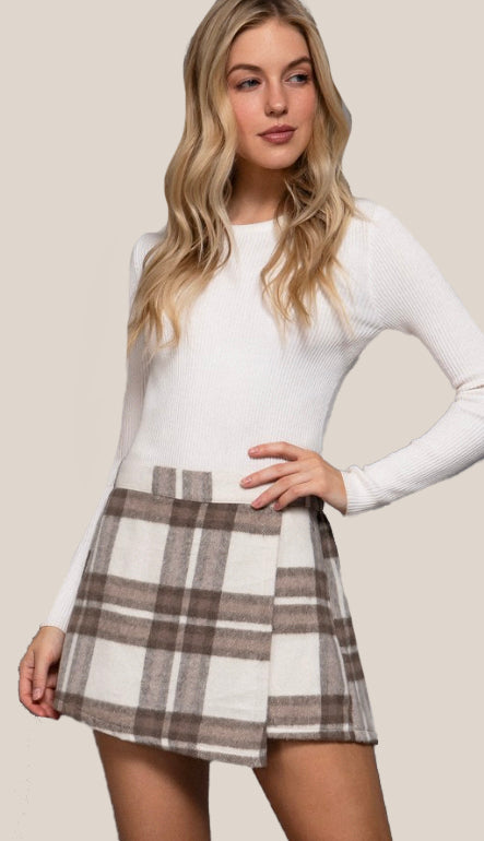Sarena Wrap Plaid Skort- Brown
