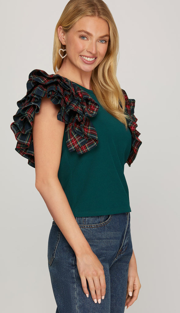 Ralph Lauren Christmas Contrast Ruffled Sleeve Knit Top- Green