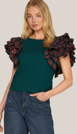 Ralph Lauren Christmas Contrast Ruffled Sleeve Knit Top- Green