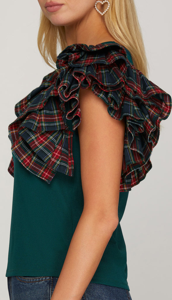 Ralph Lauren Christmas Contrast Ruffled Sleeve Knit Top- Green