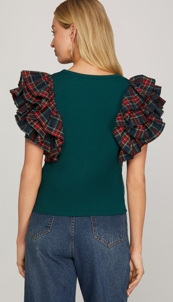 Ralph Lauren Christmas Contrast Ruffled Sleeve Knit Top- Green