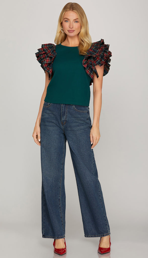 Ralph Lauren Christmas Contrast Ruffled Sleeve Knit Top- Green