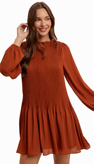 Marigold Pleated Ruffle Dress- Rust