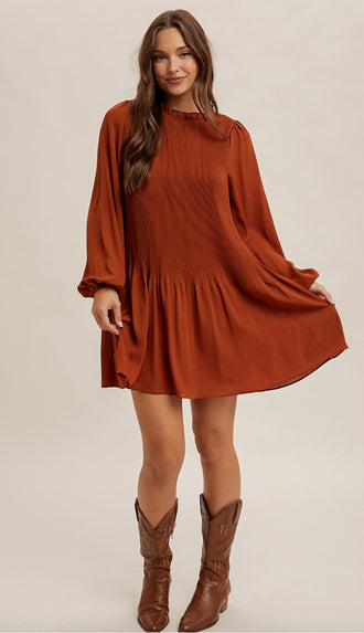 Marigold Pleated Ruffle Dress- Rust