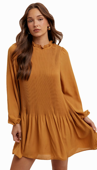 Marigold Pleated Ruffle Dress- Mustard