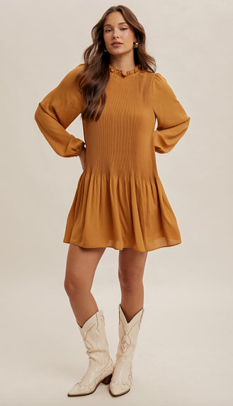 Marigold Pleated Ruffle Dress- Mustard