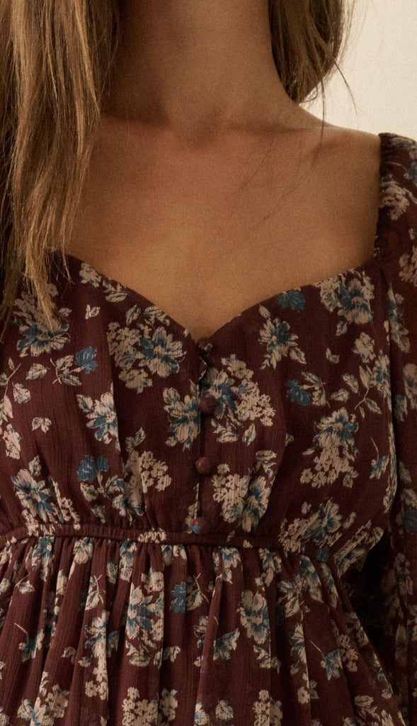 Autumn Floral Chiffon Babydoll Dress- Baked Plum
