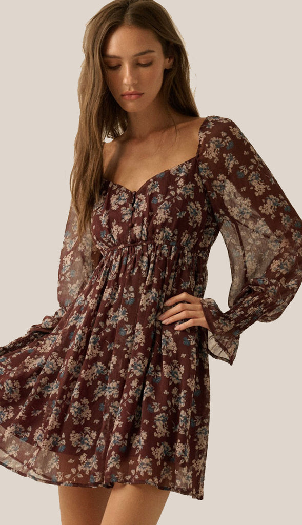 Autumn Floral Chiffon Babydoll Dress- Baked Plum