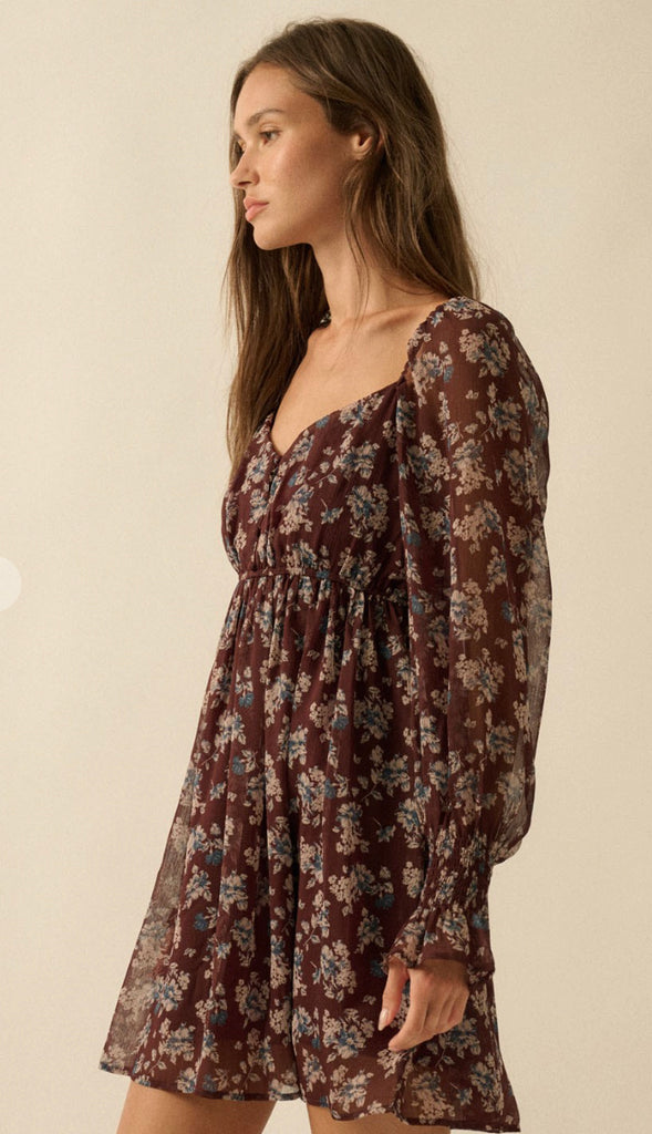 Autumn Floral Chiffon Babydoll Dress- Baked Plum