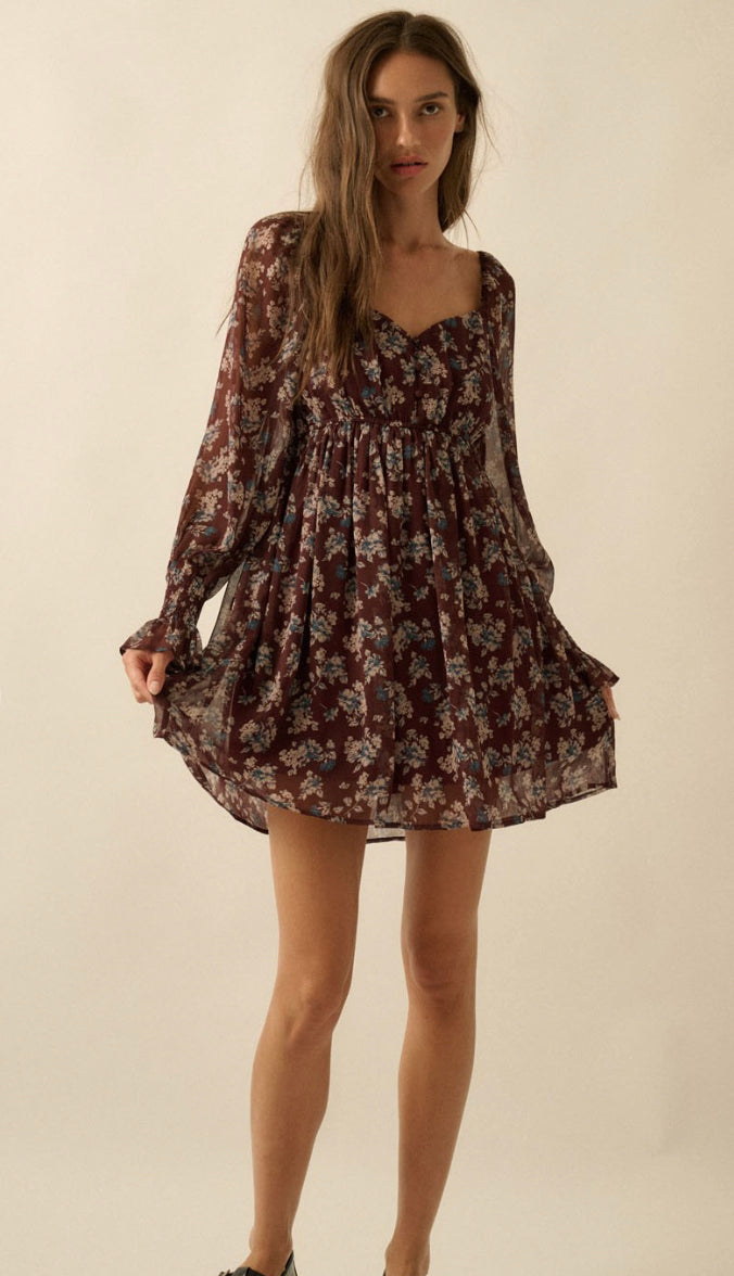 Autumn Floral Chiffon Babydoll Dress- Baked Plum Autumn Floral Chiffon Babydoll Dress- Baked Plum