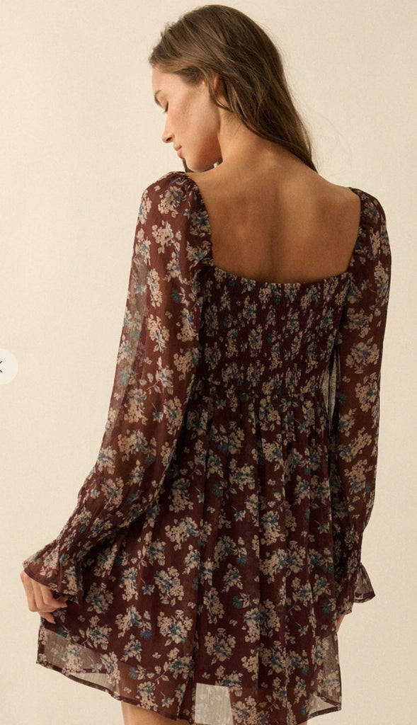 Autumn Floral Chiffon Babydoll Dress- Baked Plum