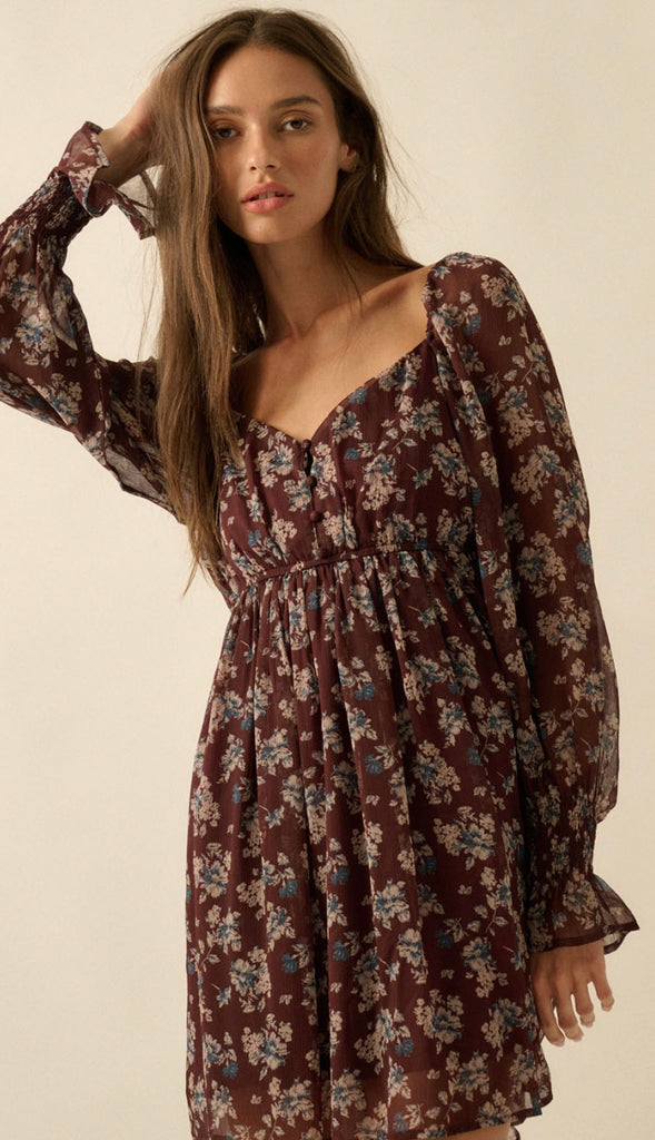 Autumn Floral Chiffon Babydoll Dress- Baked Plum