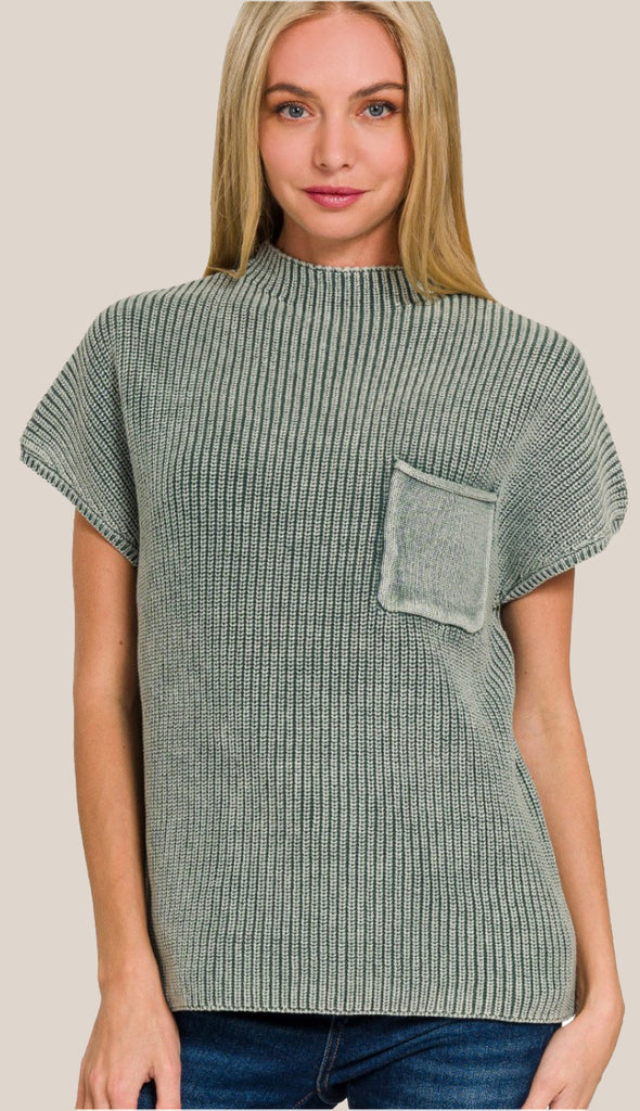 Scarlett Washed Mock Neck Pocket Sweater- Ash Jade