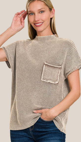 Scarlett Washed Mock Neck Pocket Sweater- Ash Jade