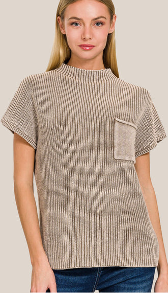 Scarlett Washed Mock Neck Pocket Sweater- Ash Mocha