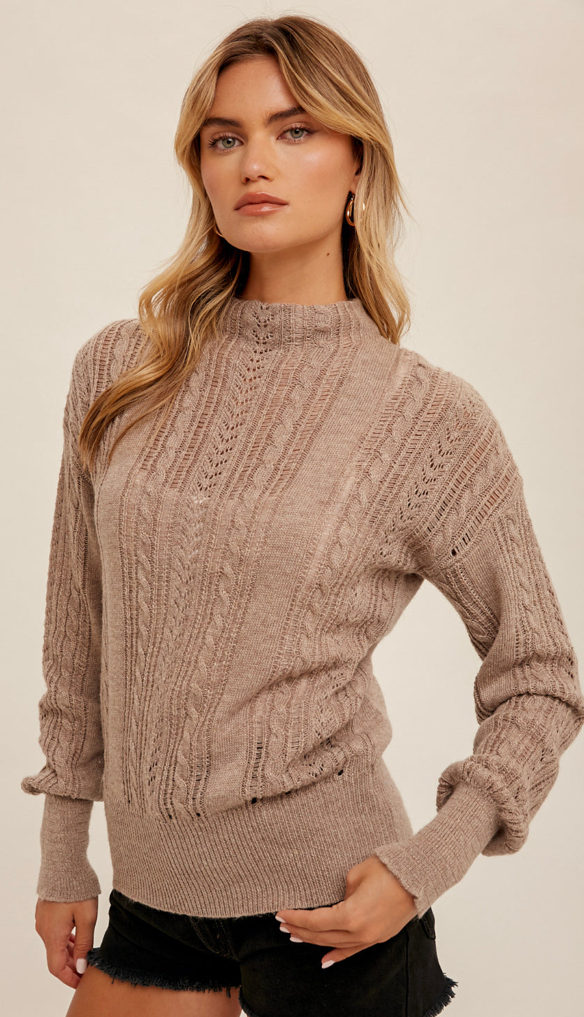Angie Mock Neck Pointelle Sweater- Taupe