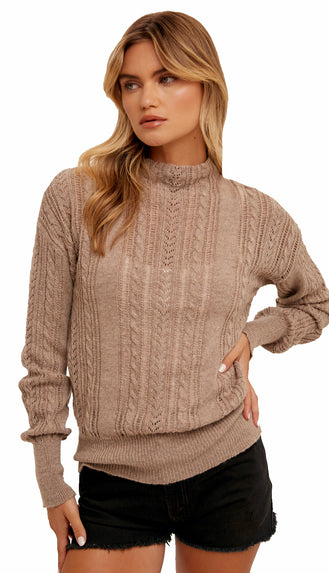 Angie Mock Neck Pointelle Sweater- Taupe