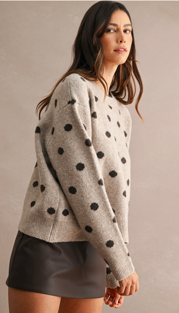 Polka Dot Contrast Sweater- Mocha