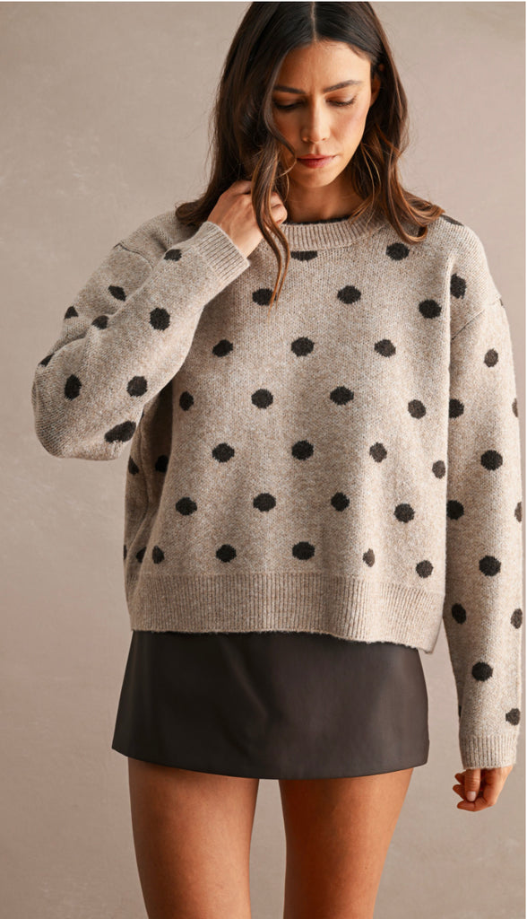 Polka Dot Contrast Sweater- Mocha