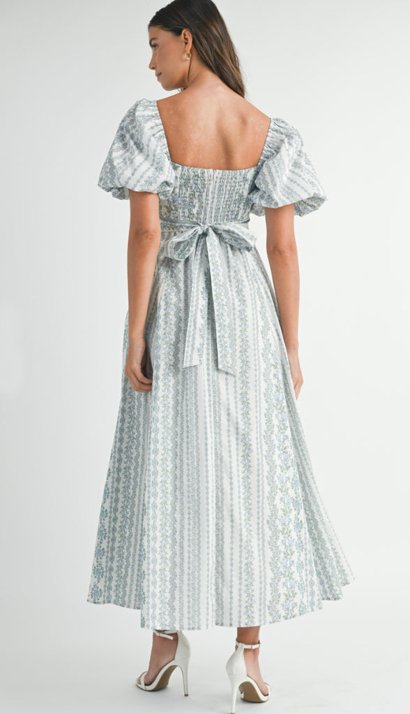 All In The Details Floral Puff Sleeve Midi Dress- Blue