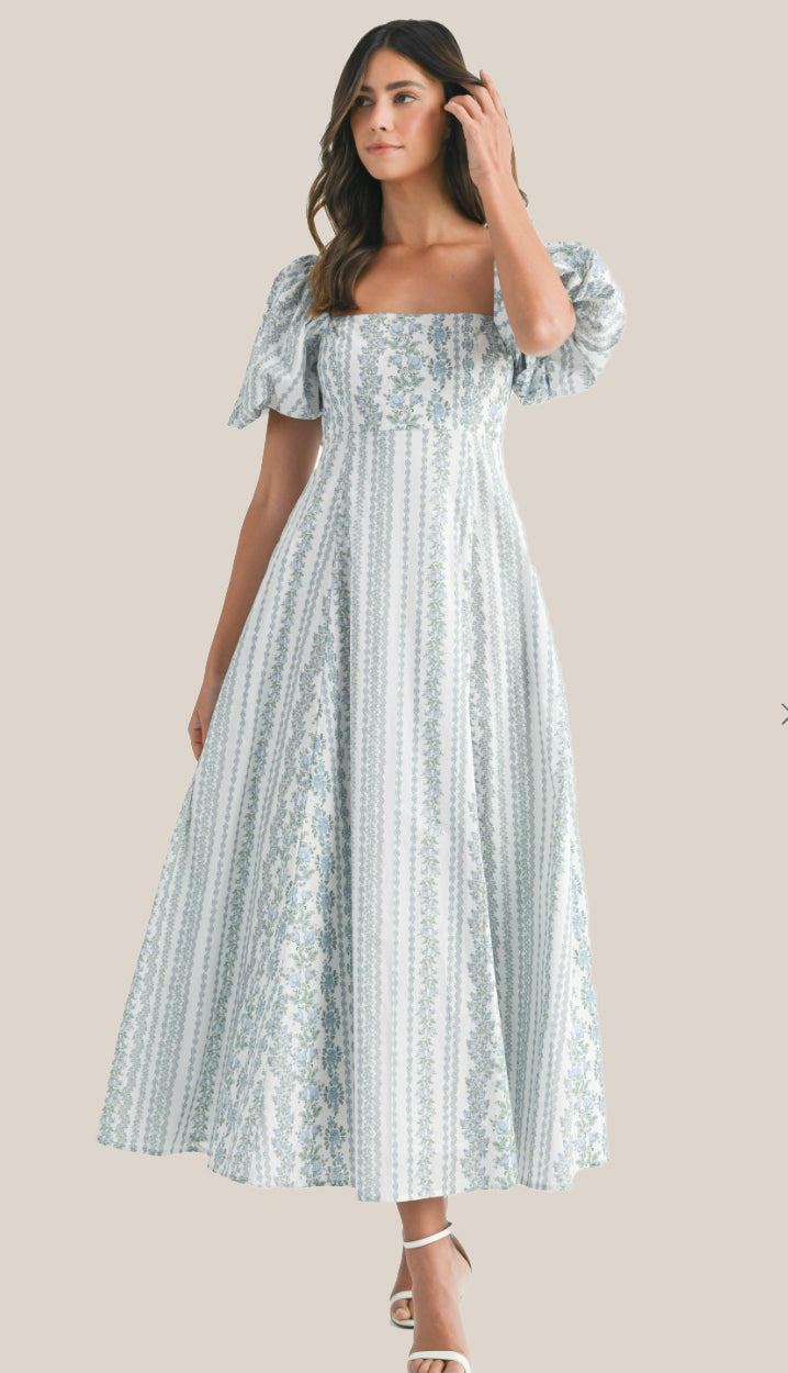All In The Details Floral Puff Sleeve Midi Dress- Blue All In The Details Floral Puff Sleeve Midi Dress- Blue