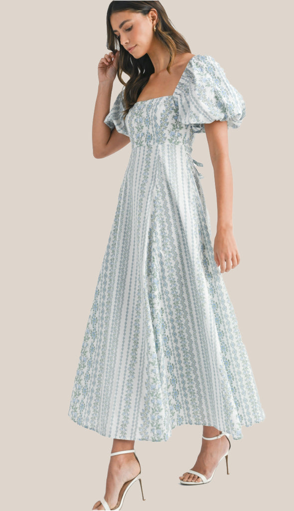 All In The Details Floral Puff Sleeve Midi Dress- Blue