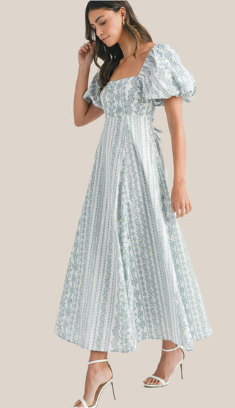 All In The Details Floral Puff Sleeve Midi Dress- Blue