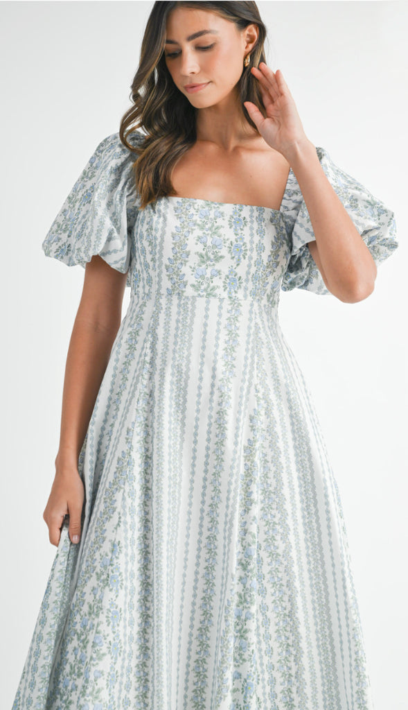 All In The Details Floral Puff Sleeve Midi Dress- Blue