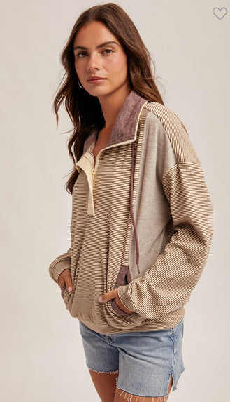 Halle Half Zip Stripe Mixed Brushed Pullover- Ecru/Purple