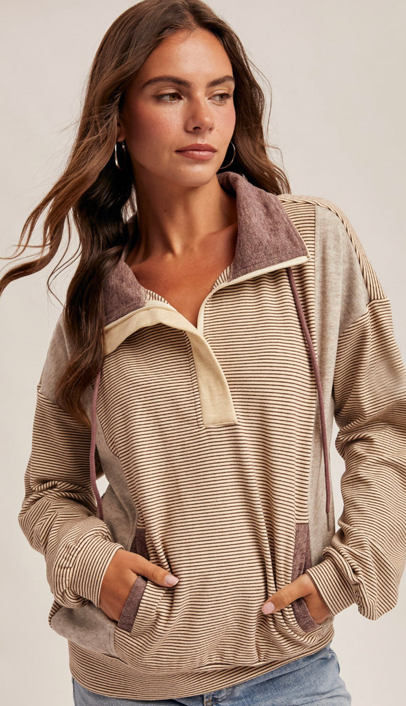 Halle Half Zip Stripe Mixed Brushed Pullover- Ecru/Purple