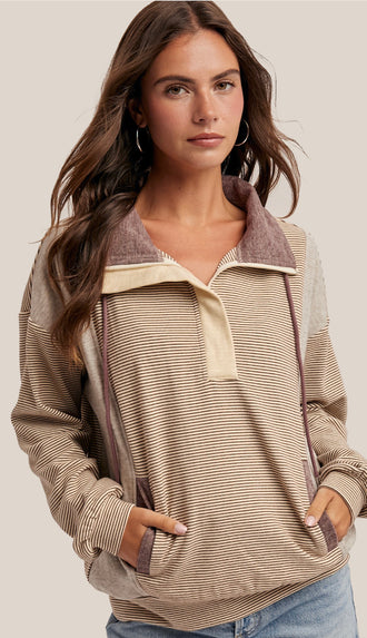 Halle Half Zip Stripe Mixed Brushed Pullover- Ecru/Purple