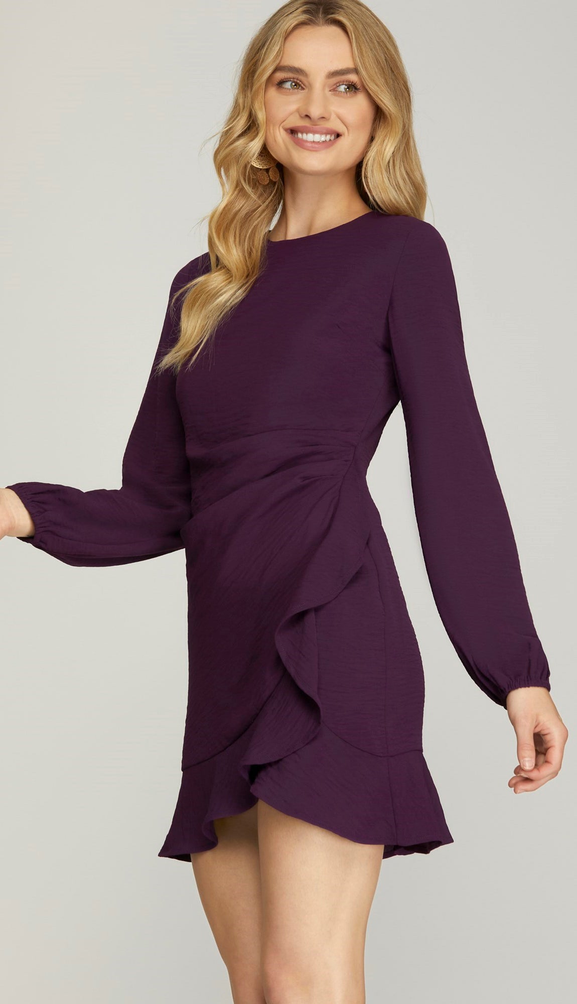 Aria Asymmetrical Ruffle Hem Mini Dress- Eggplant