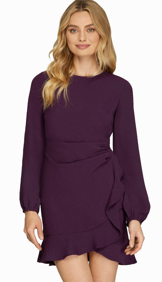 Aria Asymmetrical Ruffle Hem Mini Dress- Eggplant