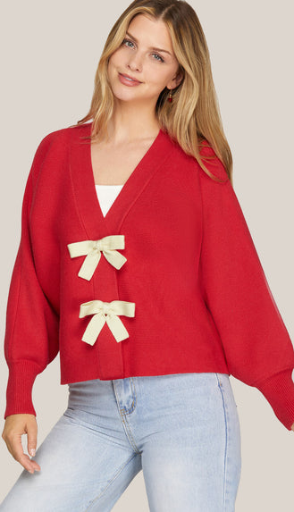 A Bow On It Sweater Cardigan- Red
