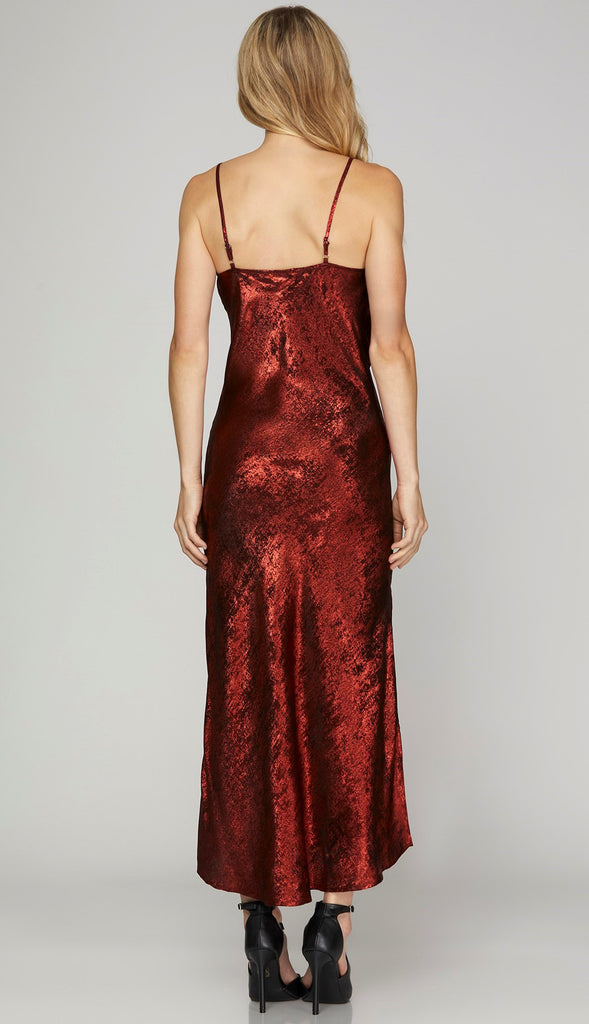 Stunner Cowl Neck Glitter Midi Dress- Red