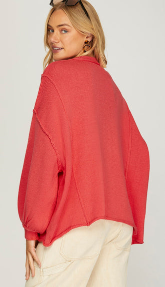 Isabella Oversized Pocket Sweater- Red Coral