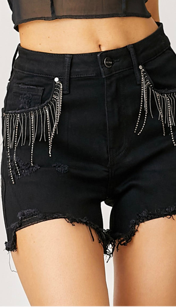 Country Chic High Rise Rhinestone Shorts- Black