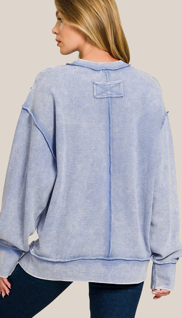 Casey Acid Wash Ribbed Exposed Seam Pullover- Marlin Blue
