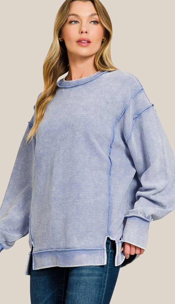 Casey Acid Wash Ribbed Exposed Seam Sweatshirt- Winter Rose