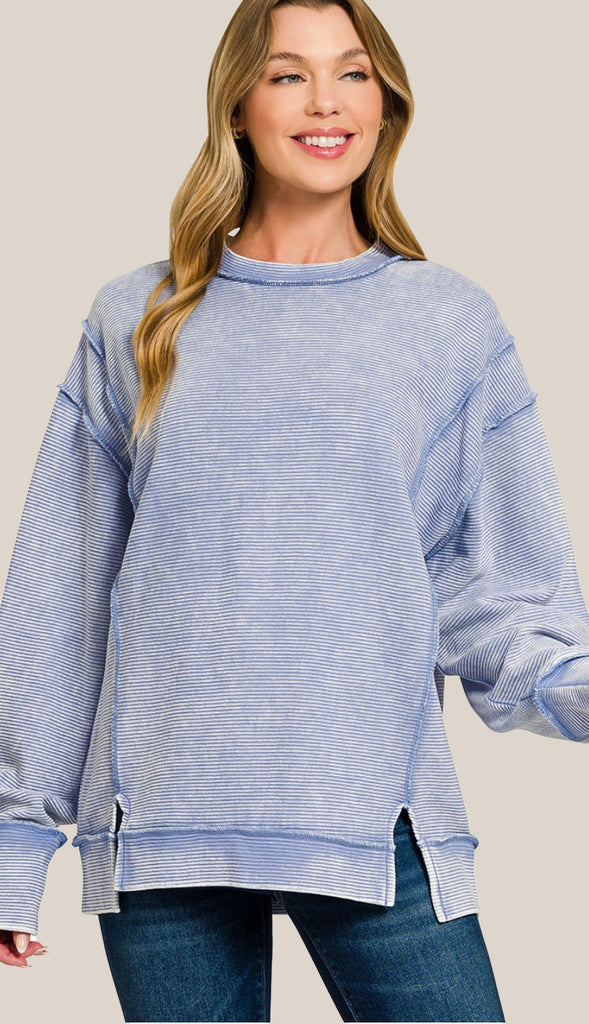 Casey Acid Wash Ribbed Exposed Seam Sweatshirt- Winter Rose