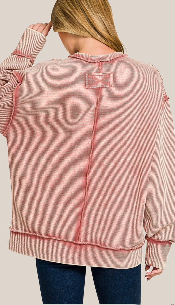 Casey Acid Wash Ribbed Exposed Seam Pullover- Marlin Blue