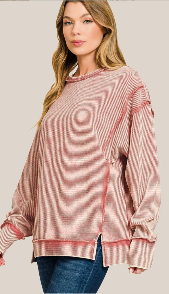 Casey Acid Wash Ribbed Exposed Seam Pullover- Marlin Blue