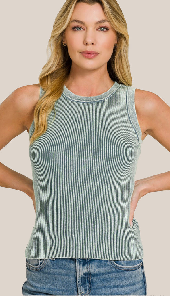 Washed Ribbed Sweater Tank Top- Dk Olive