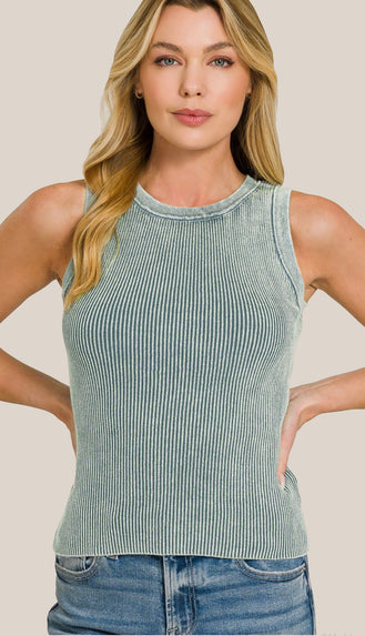 Washed Ribbed Tank Top- Black